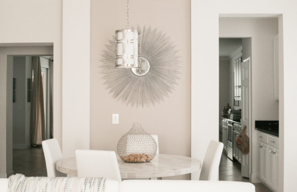 The dining table, which doubles as the desk
